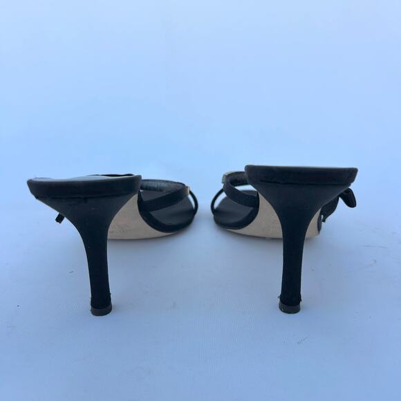 Vera Wang Rhinestone Bow Mules Strappy Heels Satin Black Box 38.5 Size 8.5 - Picture 8 of 11